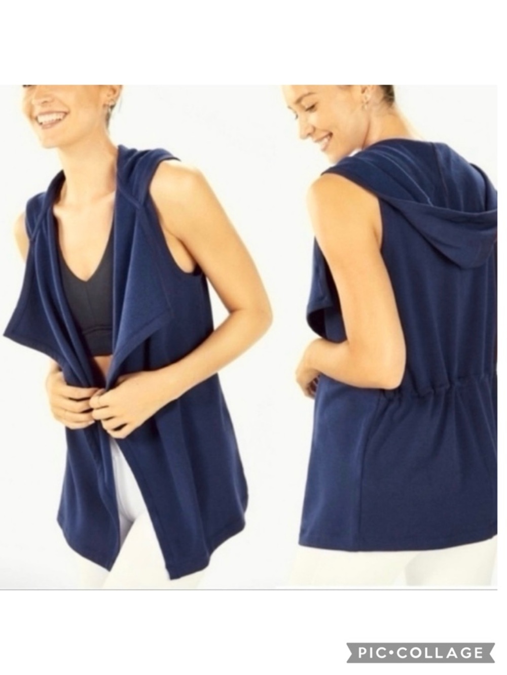 Fabletics Hannah Blue Fleece Hoodie Knit Drawstring Open Front Vest XXS casual